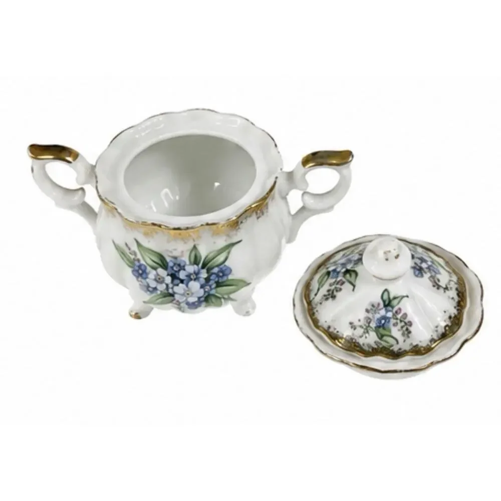 Vintage Forget-Me-Not Porcelain Creamer & Covered Sugar Bowl Set Gold Trim